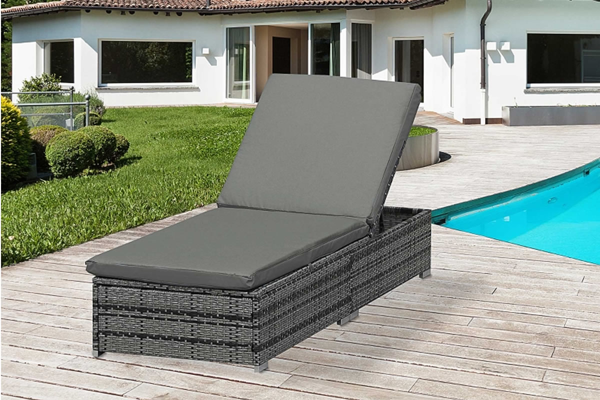 View Grey Synthetic Rattan Garden Reclining Sun Lounger 5 Position Adjustable Back Grey Padded Seat Back Cushion Metal Frame Calver information