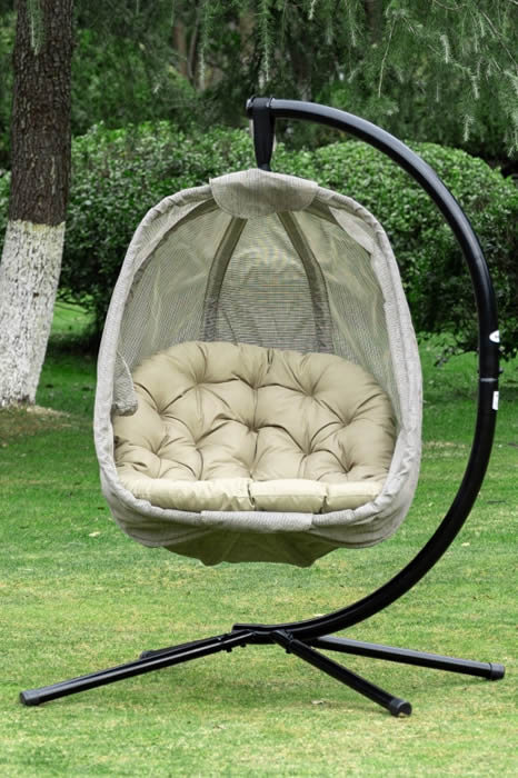 View Beige Fabric Outdoor Hanging Egg Chair Folding Basket Deeply Padded Cushion Robust Steel Metal Frame With Legs Weight 120KG Groby information