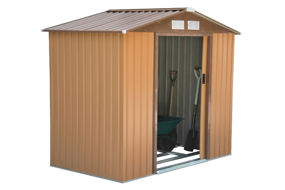 View Winton Khaki Metal Storage Shed 7 x 4ft Lockable Sliding Doors Galvanised Steel Metal Pitched Roof Easy Home Assembly Ventilation Holes information