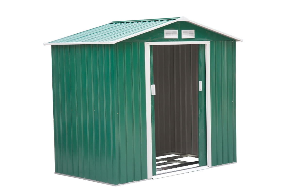 View Winton Green Metal Storage Shed 7 x 4ft Lockable Sliding Doors Galvanised Steel Metal Pitched Roof Easy Home Assembly Ventilation Holes information