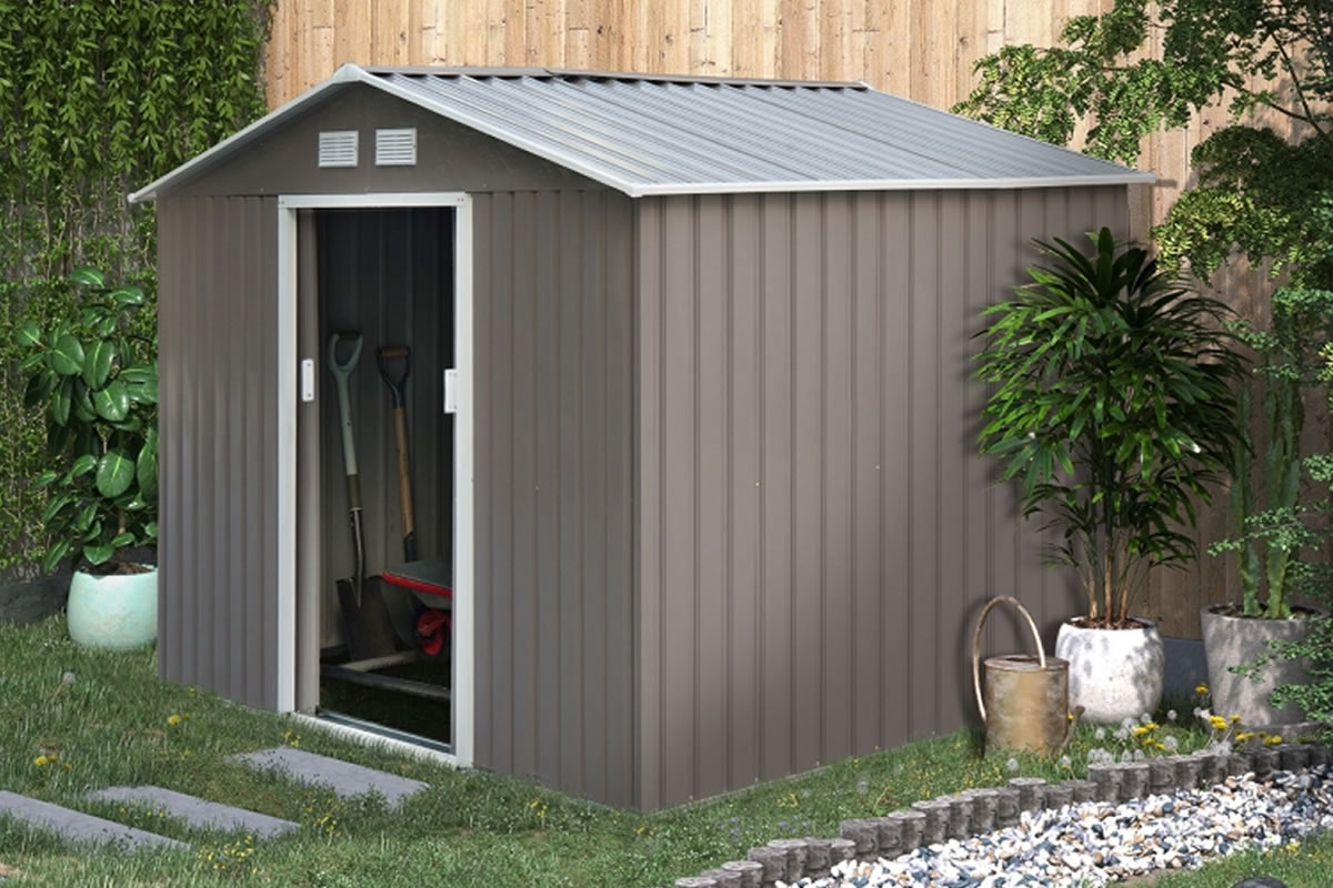 View Light Grey Metal Garden Tool Work Shed Galvanised Steel Double Sliding Door Pitched Roof Floor Foundation Included Gillman information
