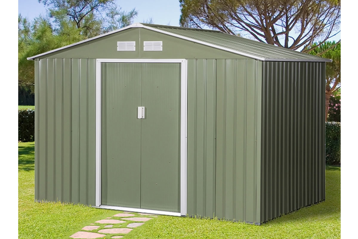 View Light Green Metal Garden Tool Work Shed Galvanised Steel Double Sliding Door Pitched Roof Floor Foundation Included Gillman information