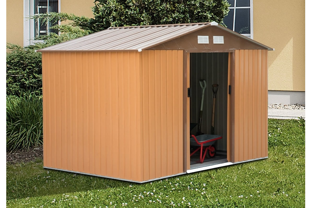 View Light Brown Metal Garden Tool Work Shed Galvanised Steel Double Sliding Door Pitched Roof Floor Foundation Included Gillman information
