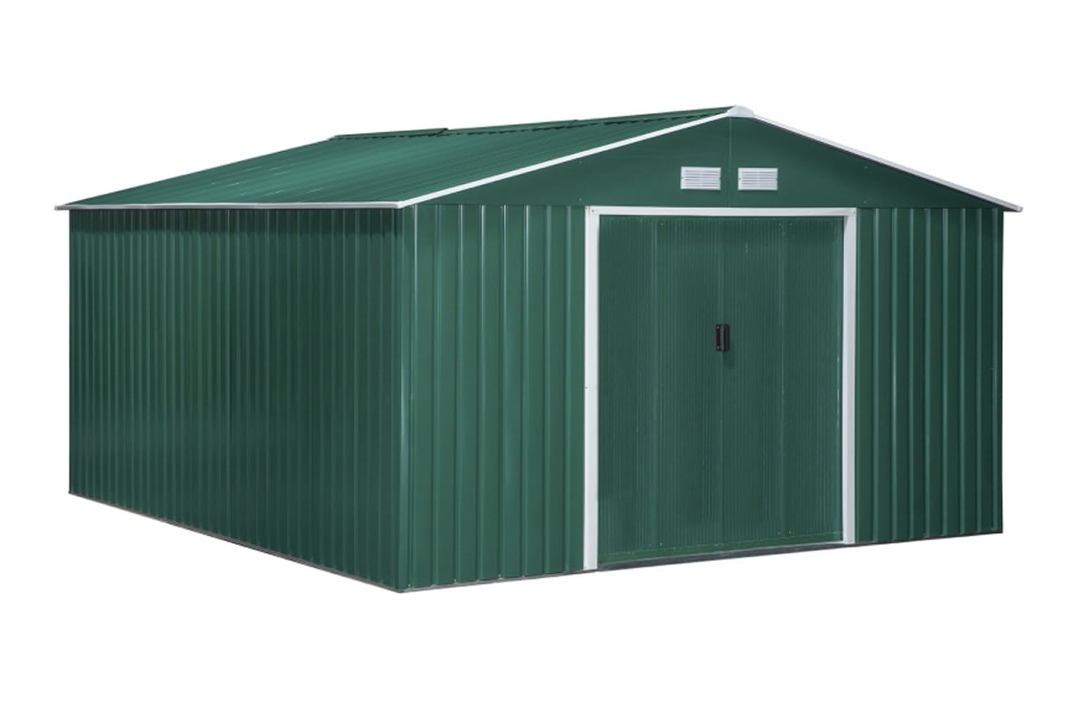 View Green Metal Storage Shed Constructed From Galvanised Steel Double Sliding Door Pitched Roof Base Foundation Include Air Flow Vents Beeley information