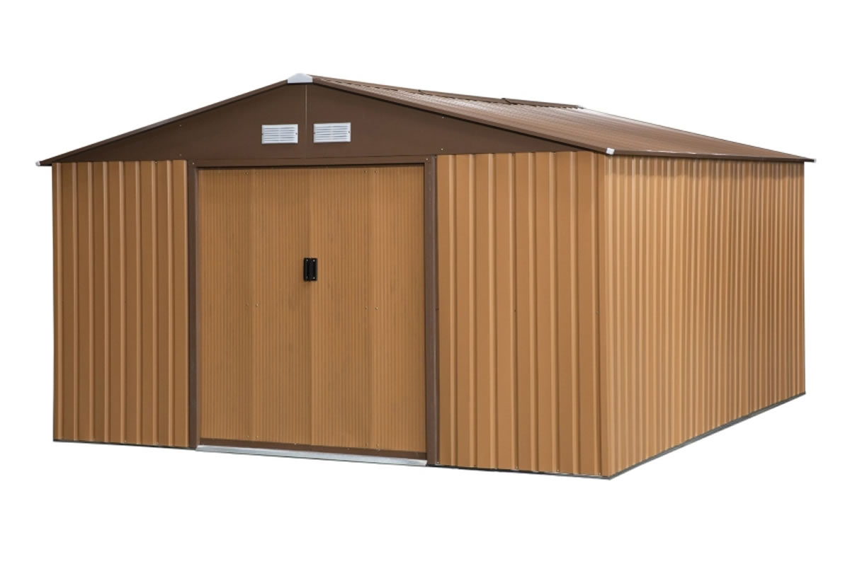View Brown Metal Storage Shed Constructed From Galvanised Steel Double Sliding Door Pitched Roof Base Foundation Include Air Flow Vents Beeley information
