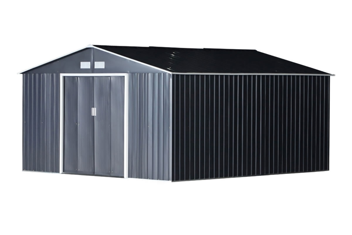 View Black Metal Storage Shed Constructed From Galvanised Steel Double Sliding Door Pitched Roof Base Foundation Include Air Flow Vents Beeley information