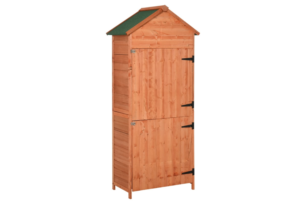 View Brown Sandown Wooden Outdoor Garden Tool Storage Shed Lockable Doors 3 Storage Shelves Open Compartment For Garden Tools Pitched Roof information