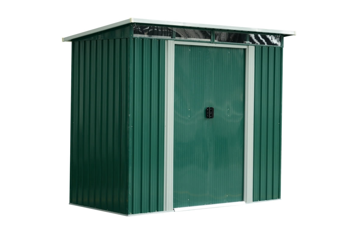 View Green Galvanised Metal Garden Storage Work Shed Sliding Locking Doors Pitched Roof Enables Rain To Run Off Airvents To Prevent Moisture Build Up information