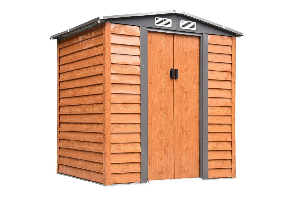 View Beech Effect Metal Slatted Garden Work Shed Double Lockable Sliding Door 4 Air Vents Steel Frame Colour Coated Steel Plate Broadford information