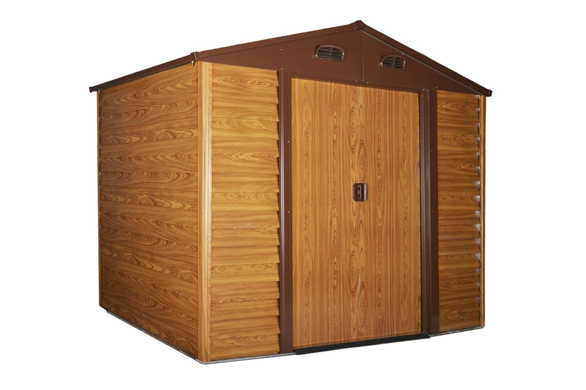 View Brown Spruce Effect Metal Slatted Garden Work Shed Double Lockable Sliding Door 4 Air Vents Steel Frame Colour Coated Steel Plate Broadford information