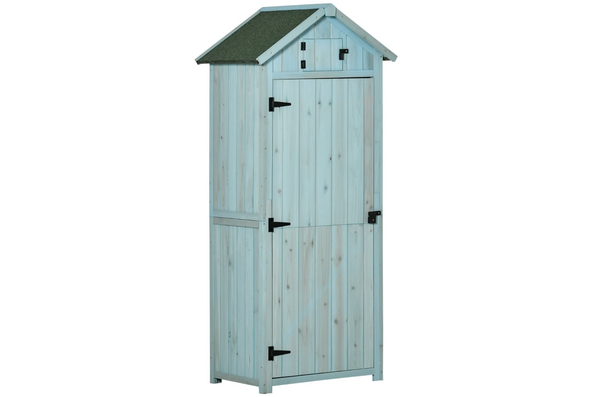 View Blue Painted Wooden Storage Shed Tool Shed 3 Detachable Shelves Single Bolted Door Pitched Roof Durable Pine Construction Avalon information
