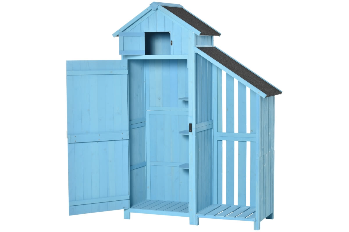 View Santiago Blue Wooden Outdoor Garden Shed With Additional Firewood Storage House Open Space For Firewood 3 Shelf Storage Unit Pitched Roof information