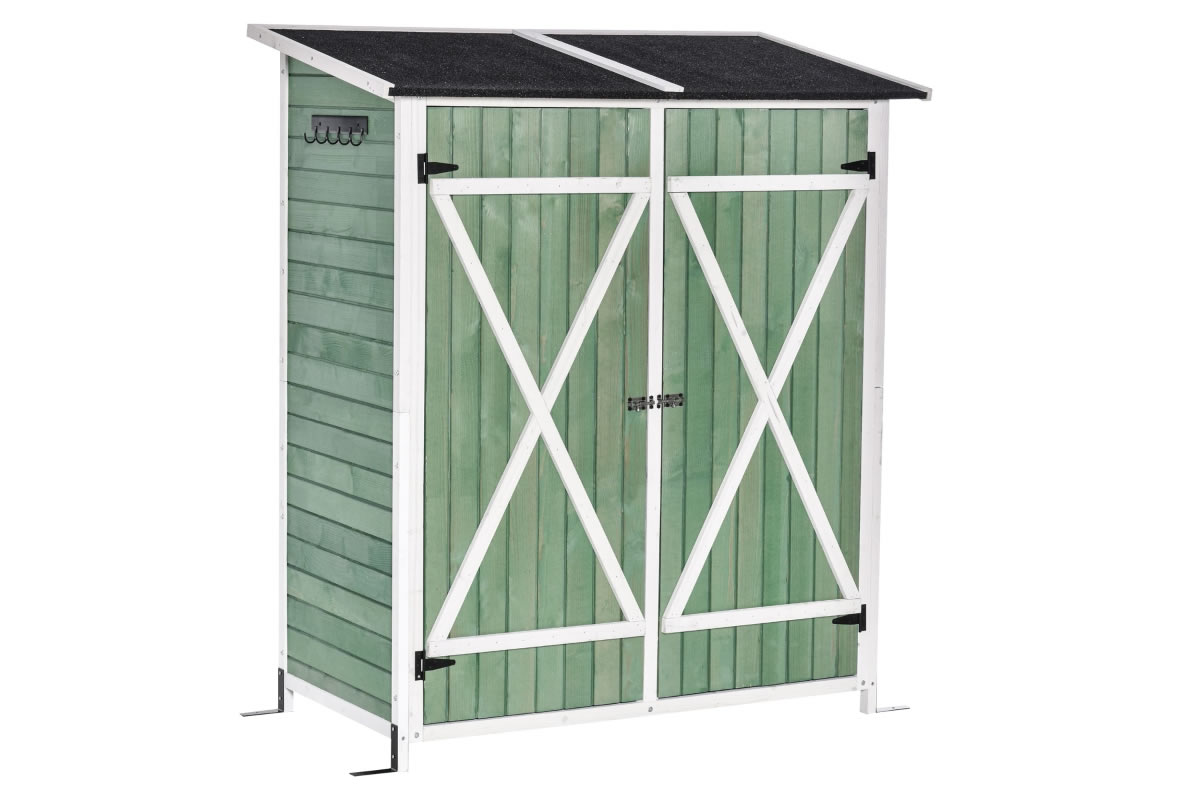 View Green Painted Wooden Storage Shed Sloped Asphalt Roof Double Door Bolted Lock 3 Fitted Shelves Movable Table Stable Design Lakeside information