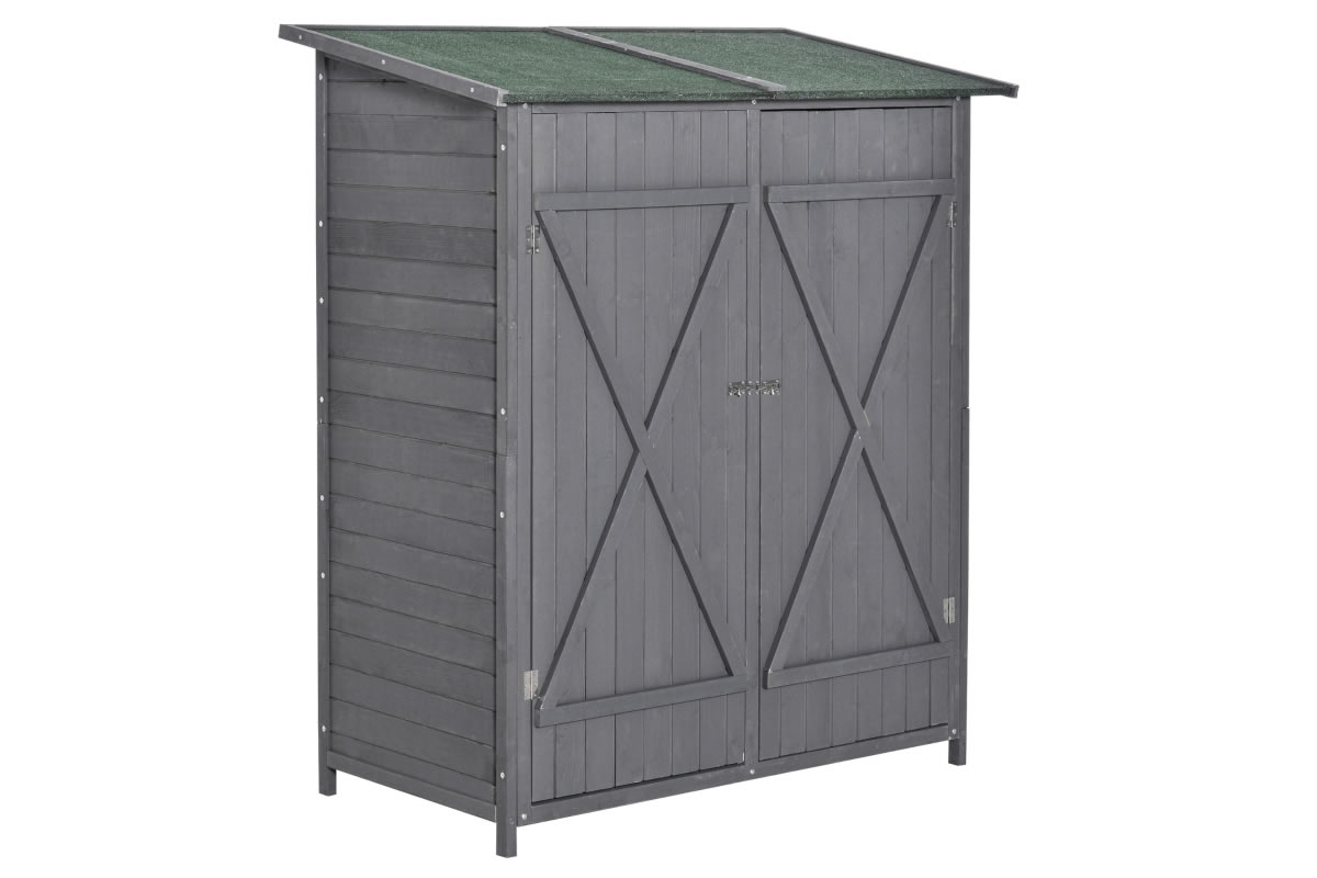 View Dark Grey Painted Wooden Storage Shed Sloped Asphalt Roof Double Door Bolted Lock 3 Fitted Shelves Movable Table Stable Design Lakeside information