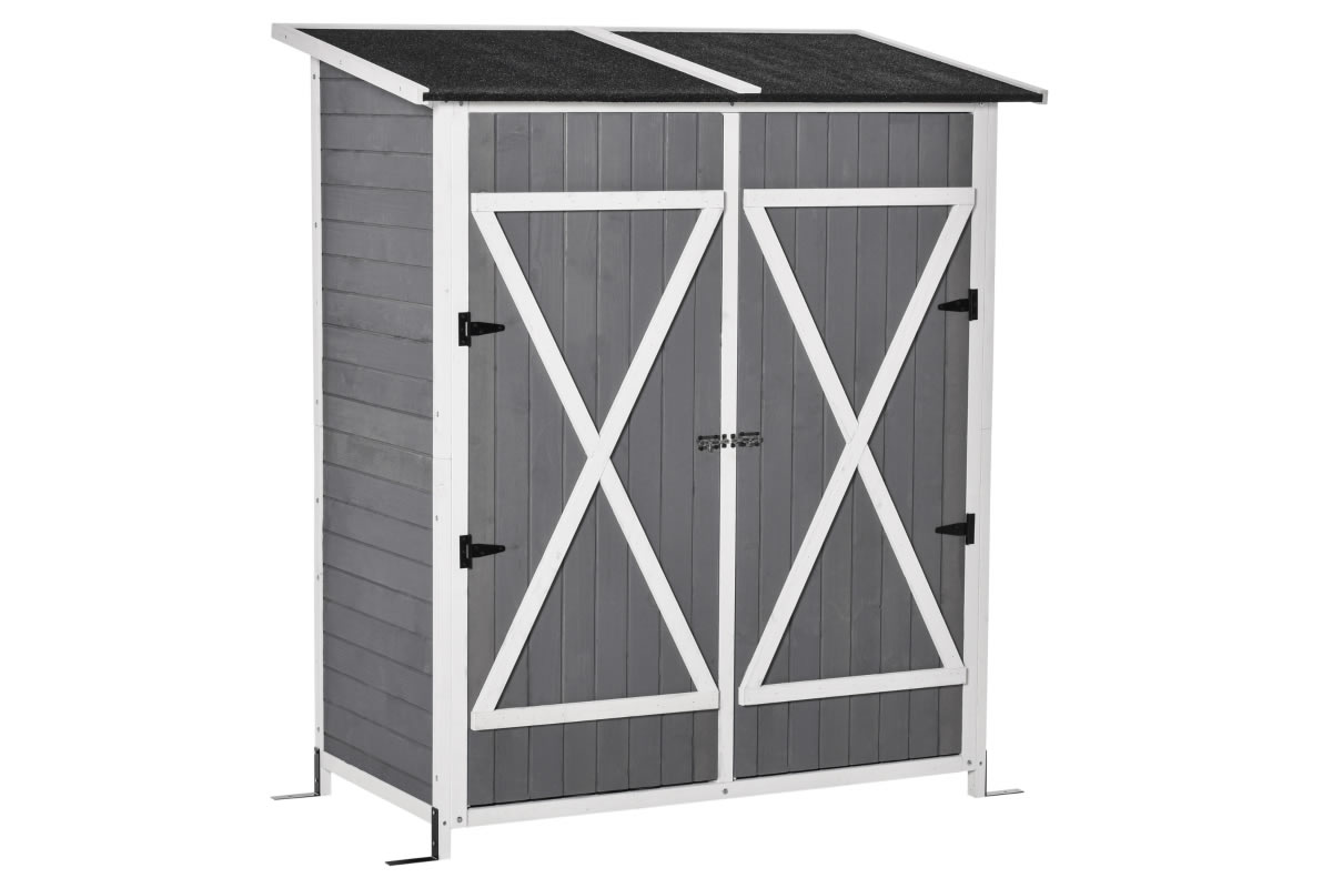 View Grey Painted Wooden Storage Shed Sloped Asphalt Roof Double Door Bolted Lock 3 Fitted Shelves Movable Table Stable Design Lakeside information