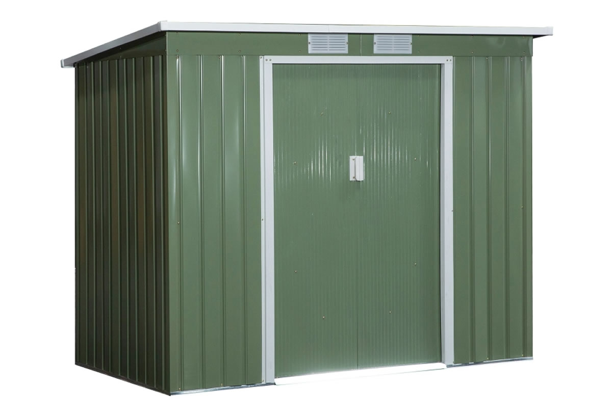 View Townsville Green Metal Garden Shed With Double Sliding Locking Door Inclined Roof Allows Rain To Drain Easily Air Vents Stops Moisture  information
