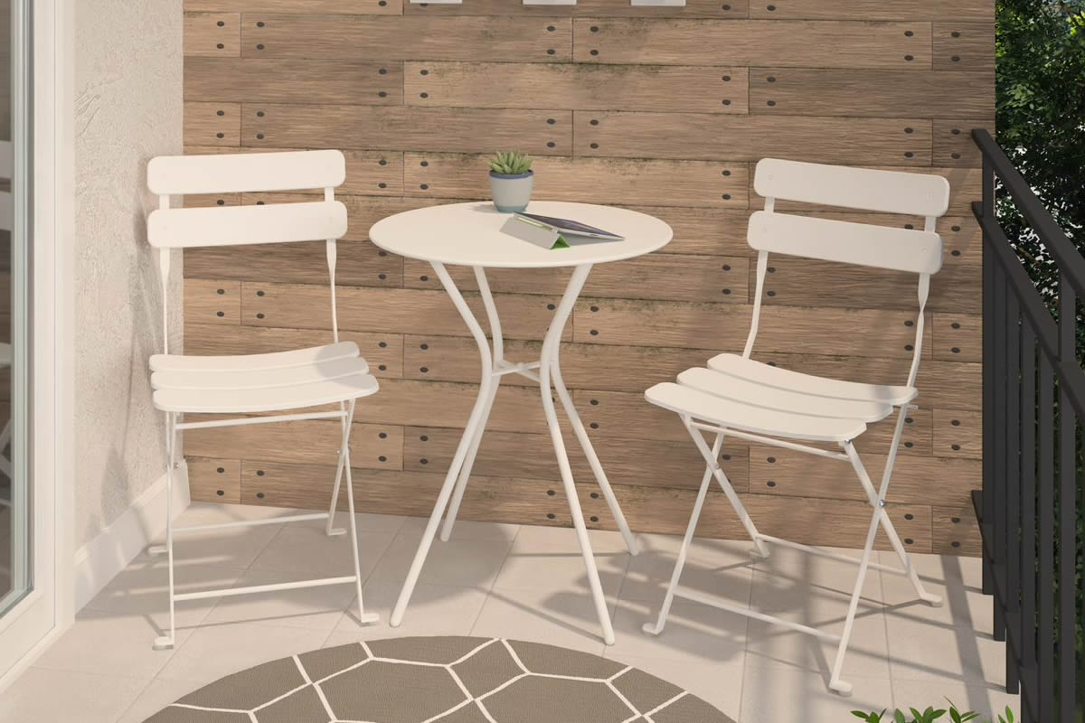 View White Painted Metal Bistro Set With 2 Folding Chairs Round Table Powder Coated Finish Steel Construction Blair information
