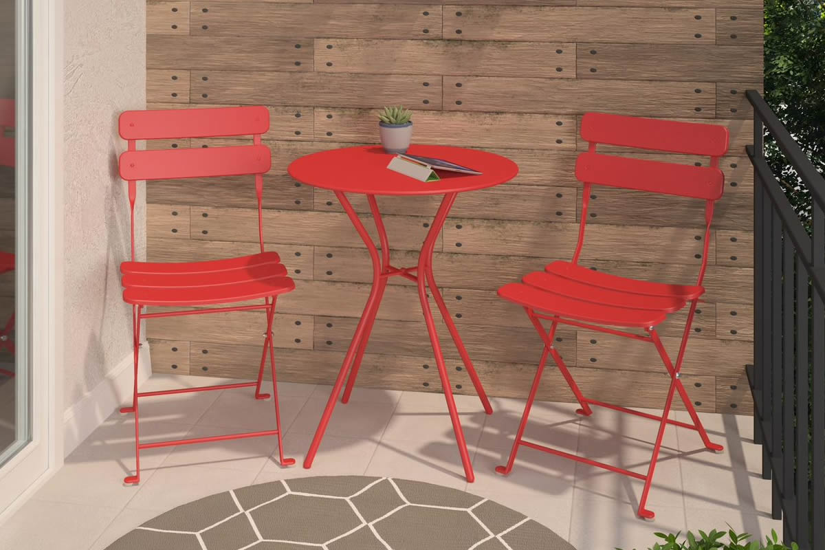 View Red Painted Metal Bistro Set With 2 Folding Chairs Round Table Powder Coated Finish Steel Construction Blair information