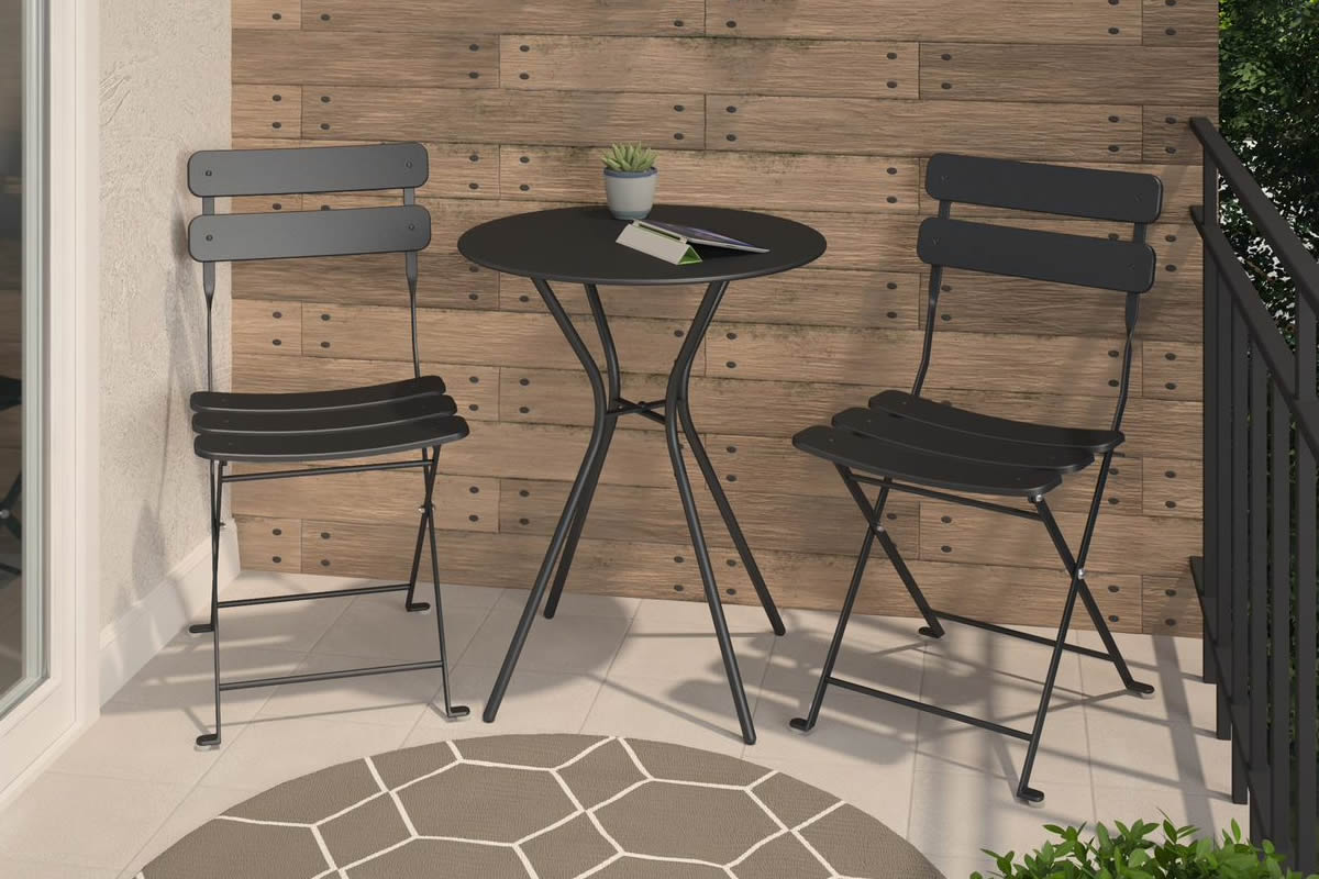 View Black Painted Metal Bistro Set With 2 Folding Chairs Round Table Powder Coated Finish Steel Construction Blair information