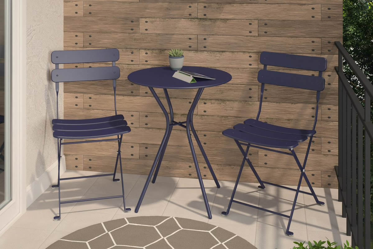View Navy Blue Painted Metal Bistro Set With 2 Folding Chairs Round Table Powder Coated Finish Steel Construction Blair information
