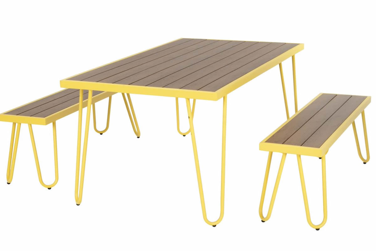 View Paulette Yellow Metal Frame Bench Set With Wooden Synthetic Slatted Top Slatted Surface Enables Quick Drying From Rainfall Robust Steel Frame information