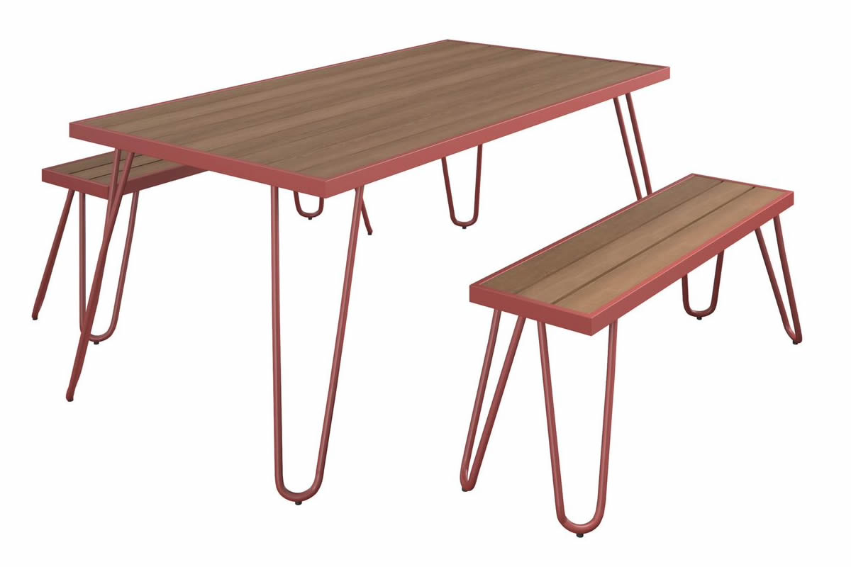 View Paulette Red Metal Frame Bench Set With Wooden Synthetic Slatted Top Slatted Surface Enables Quick Drying From Rainfall Robust Steel Frame information