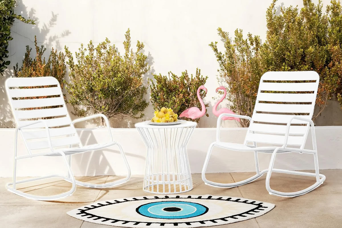 View Roberta White Metal Bistro Set With Two Rocking Chairs Coffee Table Robust Steel Frame Slatted Design To Allow Air Flow Water Resistant information