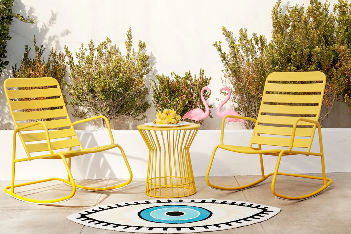 View Roberta Yellow Metal Bistro Set With Two Rocking Chairs Coffee Table Robust Steel Frame Slatted Design To Allow Air Flow Water Resistant information