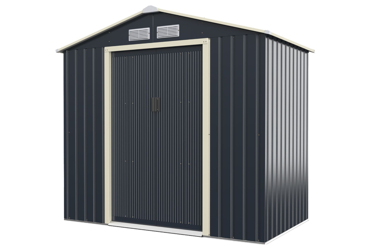 View Grey Metal Garden Storage Tool Shed with Sliding Doors and Slope Roof 70ft x 42ft Portable Handles Sturdy Steel Structure 4 Air Vents information