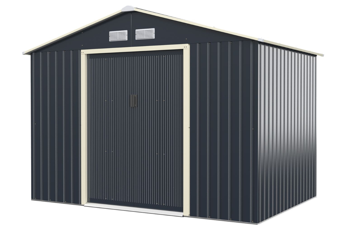View Grey Metal Garden Storage Tool Shed with Sliding Doors and Slope Roof 90ft x 64ft Portable Handles Sturdy Steel Structure 4 Air Vents information