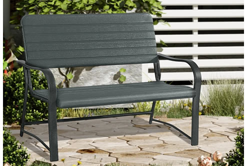 View Black Metal 2 Seater Garden And Patio Bench Slatted Curvered Seat And Back With Curvered Armrest Weather Resistant Steel Frame Bostock information