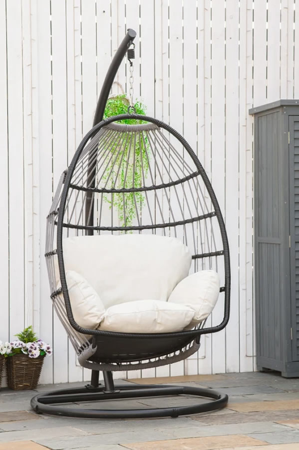 View Grey Metal Outdoor Hanging Egg Chair Curved Back Spacious Foldable Seat Basket Solid Metal Curved Frame Cream Padded Cushion Linford information