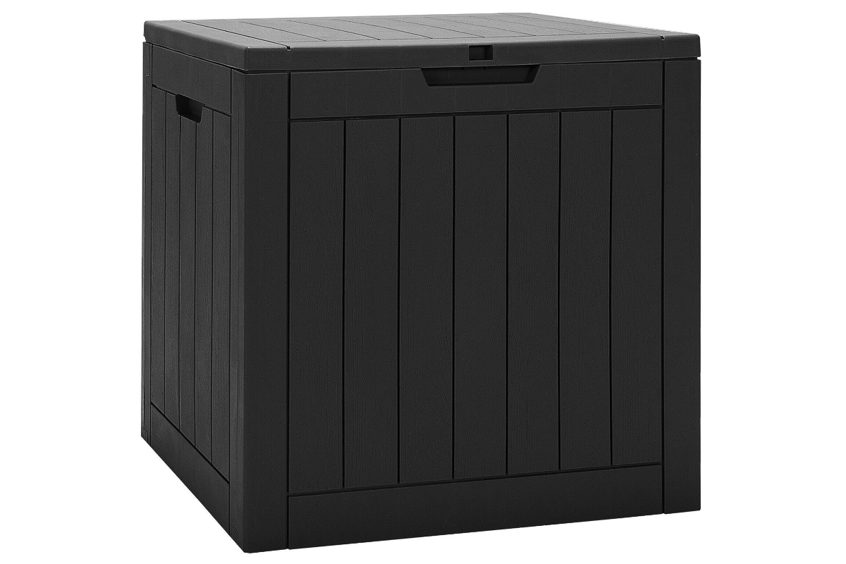 View Black Outdoor Storage Box with Handles and Lockable Lid Waterproof Surface Versatile Garden Storage Usage Click Together Assembly information