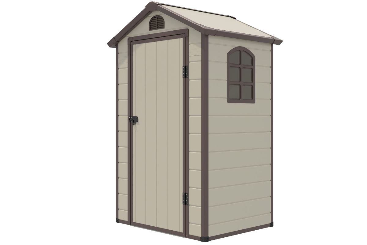 View Beige PVC Plastic Garden Storage Tool Shed with Lockable Door Transparent Window Air Vents and Sloped Roof Door Ramp For Easy Access information