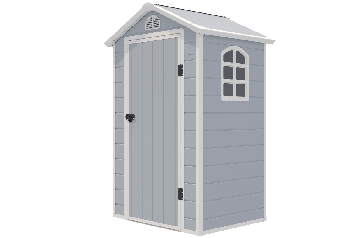 View Grey PVC Plastic Garden Storage Tool Shed with Lockable Door Transparent Window Air Vents and Sloped Roof Door Ramp For Easy Access information