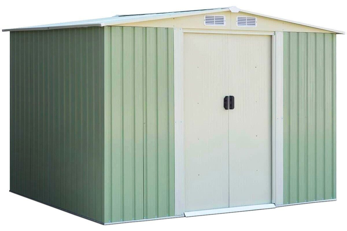 View Green Galvanized Metal Garden Storage Tool Shed 8ft 4 x 6ft 7 Sloped Roof Portable Handles Sturdy Steel Structure 4 Air Vents information