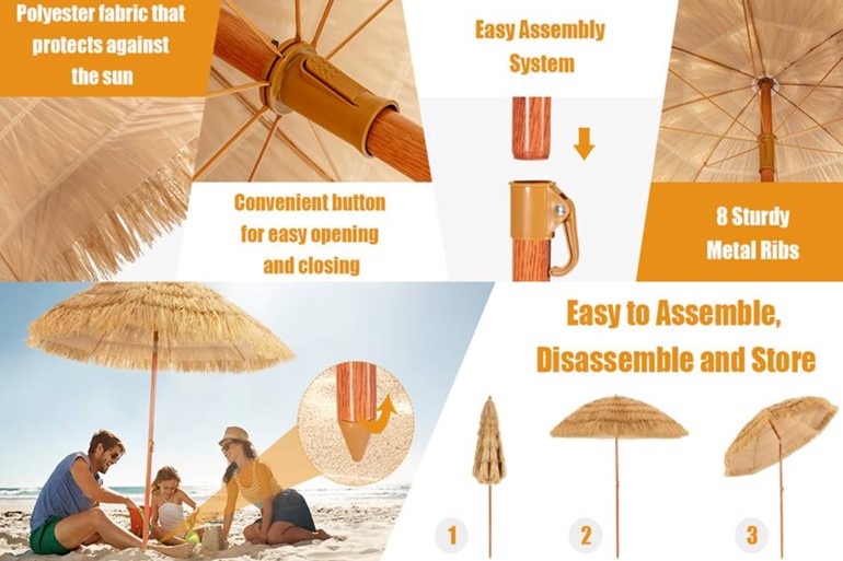 1.8m Portable Thatched Tiki Beach Parasol with Adjustable Tilt