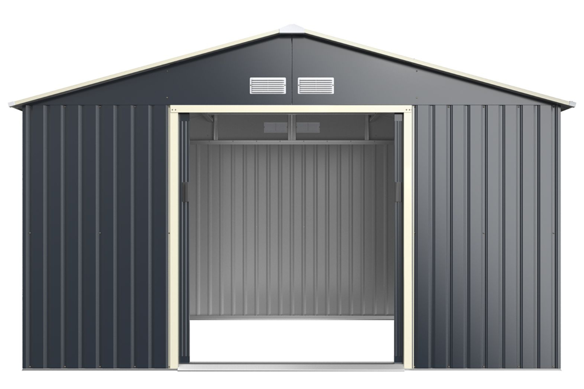 View Grey Metal Garden Storage Tool Shed with Sliding Doors and Slope Roof 112ft x 80ft Portable Handles Sturdy Steel Structure 4 Air Vents information