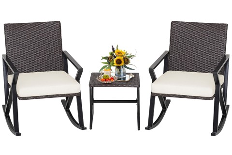 3 Pieces Rattan Patio Bistro Set With Rocking Chairs & Table