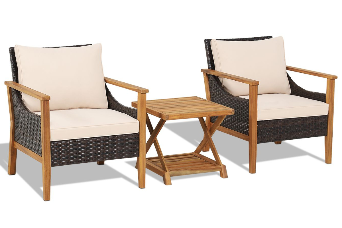 View 3 Pieces Rattan Patio Bistro Set Two Brown Rattan Chairs With Cream Cushions And Double Tier Coffee Table information