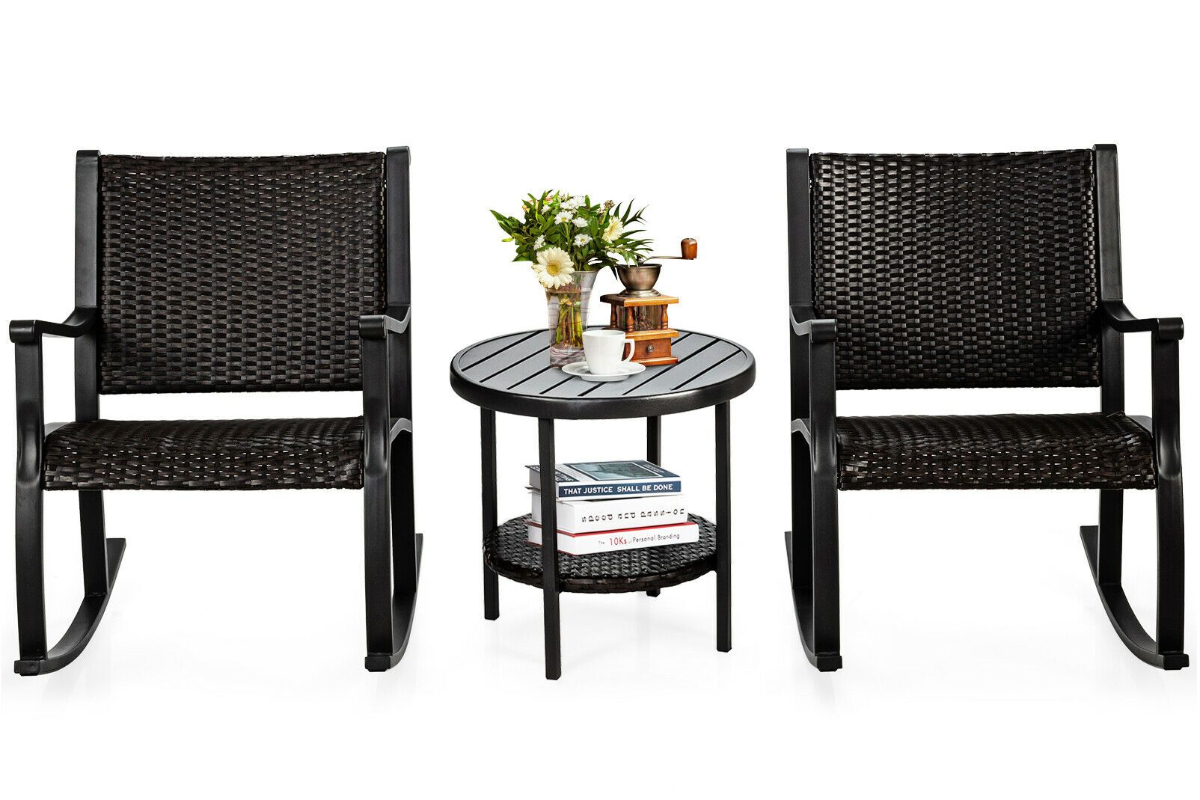 View 3 Pieces Rattan Patio Bistro Set Two Dark Brown Rattan Rocking Chairs With Matching Double Tier Coffee Table information