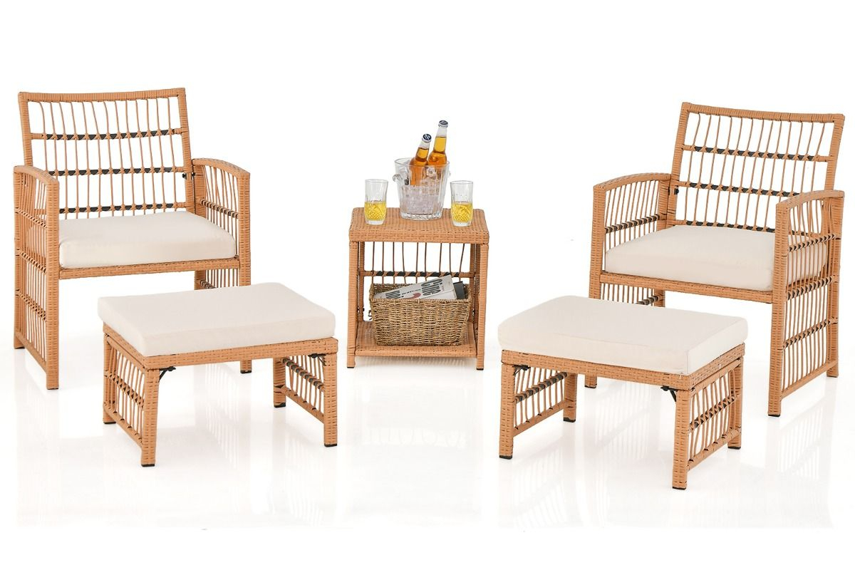 View 5 Pieces Rattan Patio Set Two Brown Rattan Chairs And Footrests With Cream Cushions And Matching Double Tier Coffee Table information