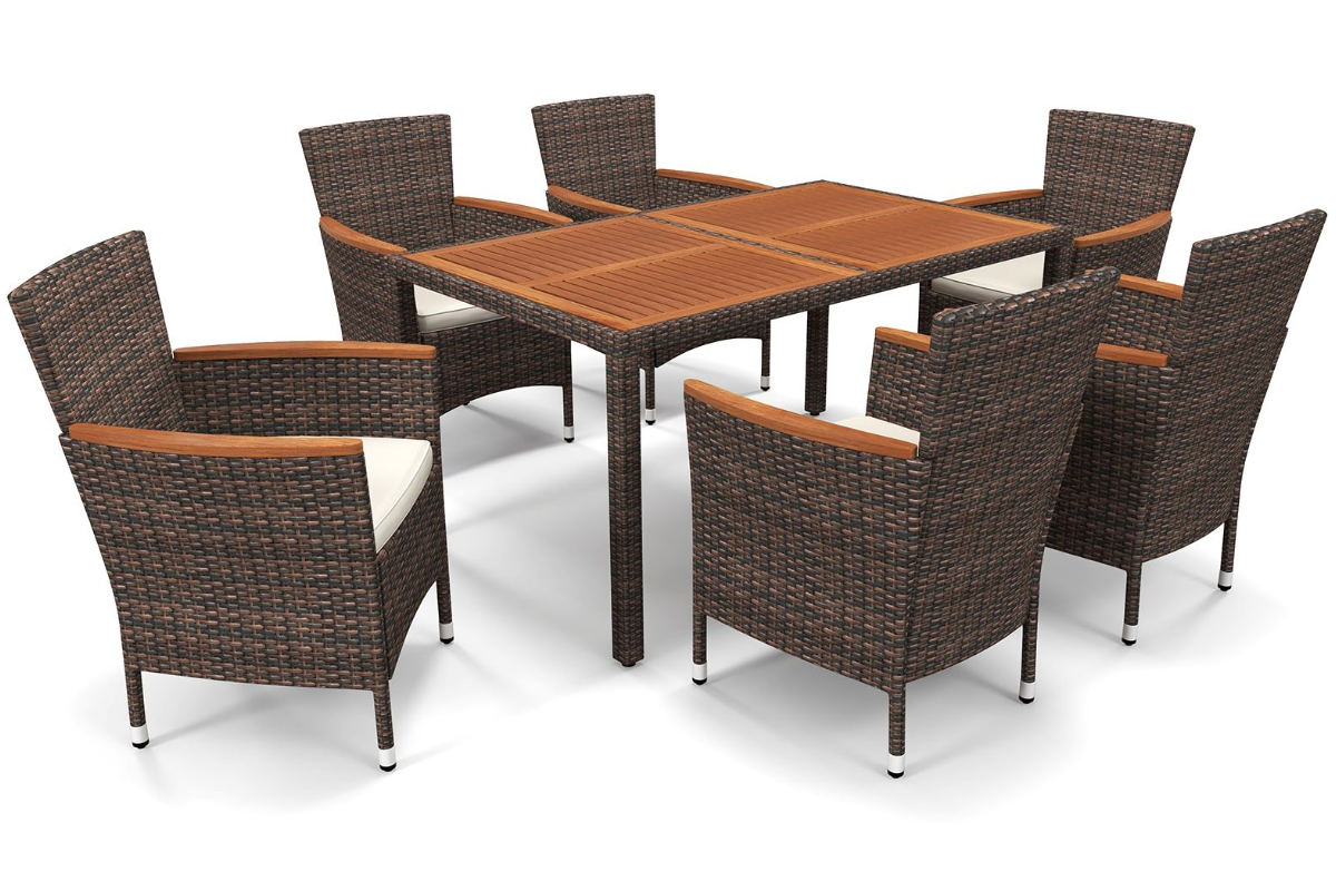 View 7 Pieces Patio Dining Set Six Brown Rattan Garden Chairs Matching Dining Table With Large Tabletop Made From Acacia Wood information