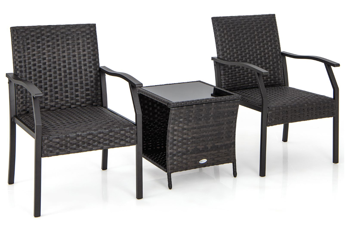 View Outdoor Brown Combo 3 piece Patio Wicker Chair Set And Table Ergonomic Backrest Durable Steel Frame information
