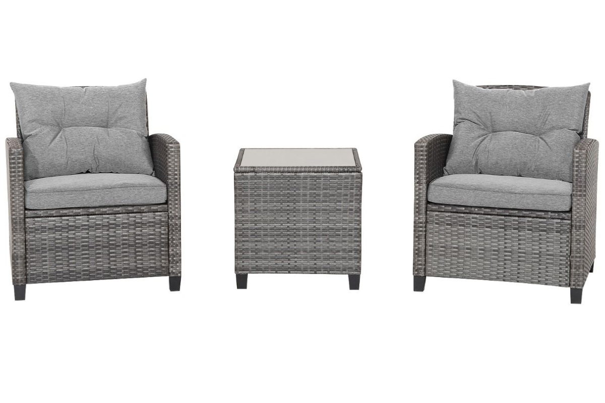 View 3 Piece Rattan Patio Set Two Grey Rattan Chairs With HeavyDuty Steel Frame Grey Cushions Matching Coffee Table With Tempered Glass Tabletop information
