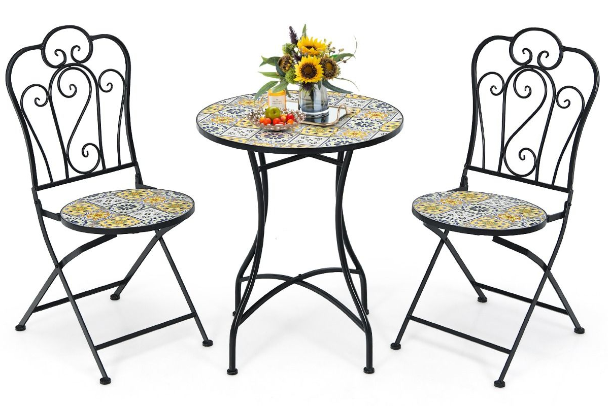 View Outdoor Patio Bistro Mosaic Furniture Set Two Folding Chairs Round Table Sturdy Steel Frame Durable Ceramic Tiles information