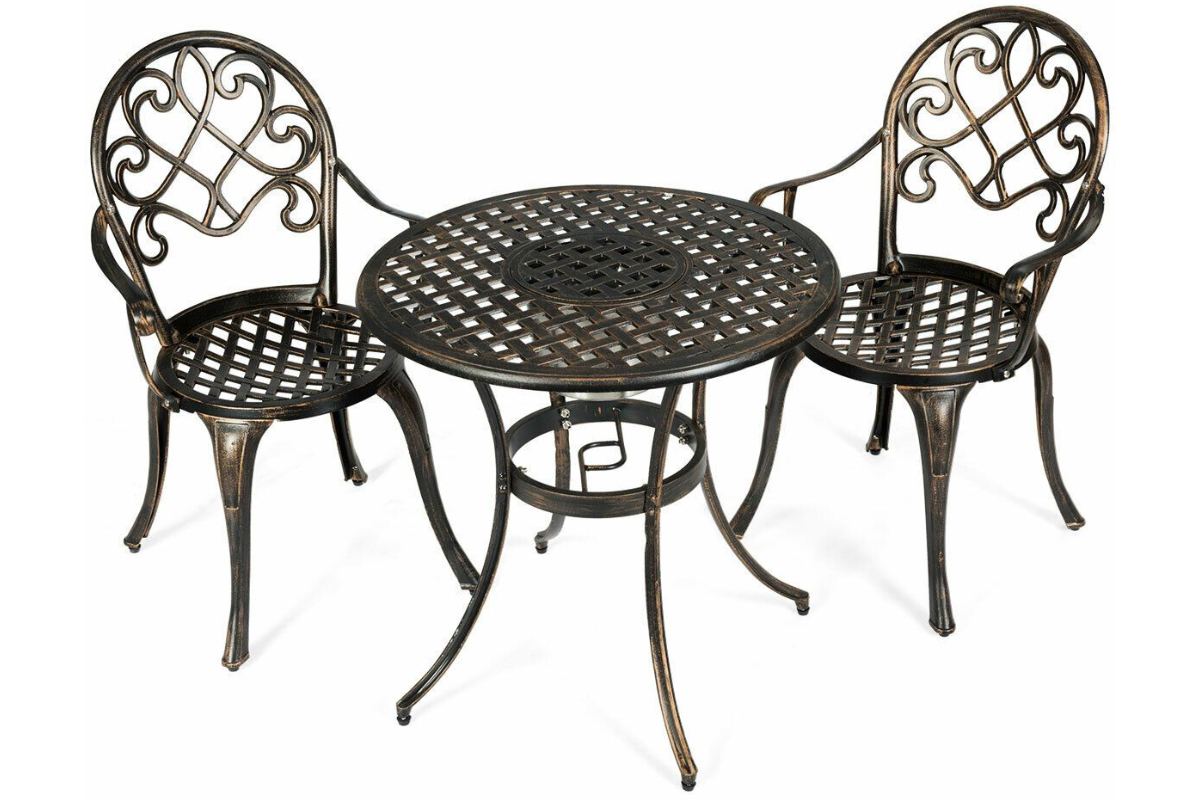 View Antique Bronze Outdoor Patio Bistro Set Two Cast Aluminium Chairs Round Table With Stainless Steel Removable Ice Bucket Adjustable NonSlip Feet information