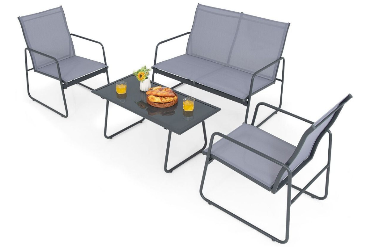 View Grey Outdoor 4Seater Mesh Garden Patio Set Including Coffee Table Durable Rustproof Steel Frame Air Mesh Allows Quick Drying From Showers information