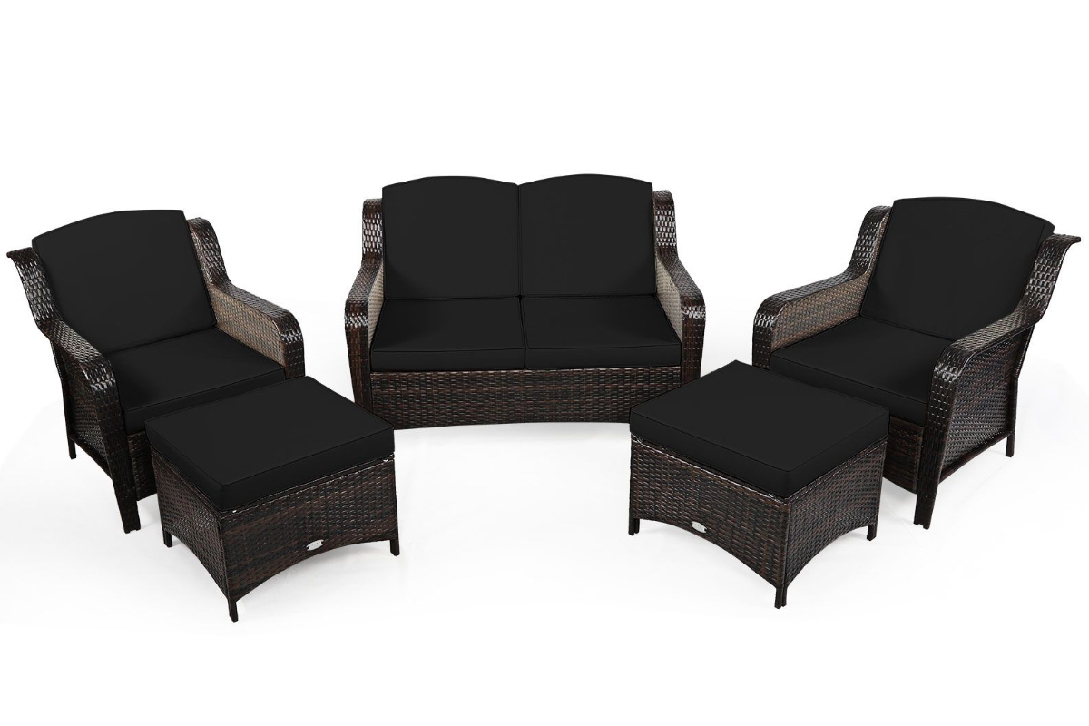 View Black Outdoor 4Seater Rattan Garden Set Includes Stools Zipped Seat Back Cushions Are Easy To Clean Durable Steel Frame PU Rattan information