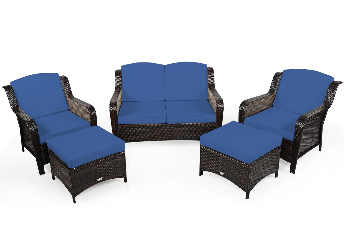 View Blue Outdoor 4Seater Rattan Garden Set Includes Stools Zipped Seat Back Cushions Are Easy To Clean Durable Steel Frame PU Rattan information